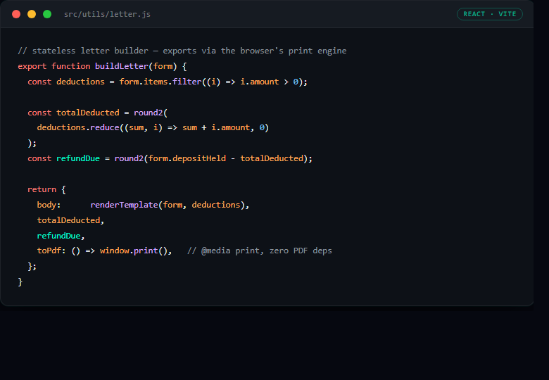 JavaScript: buildLetter function summing deposit deductions, computing the refund due, and exporting through the browser print engine