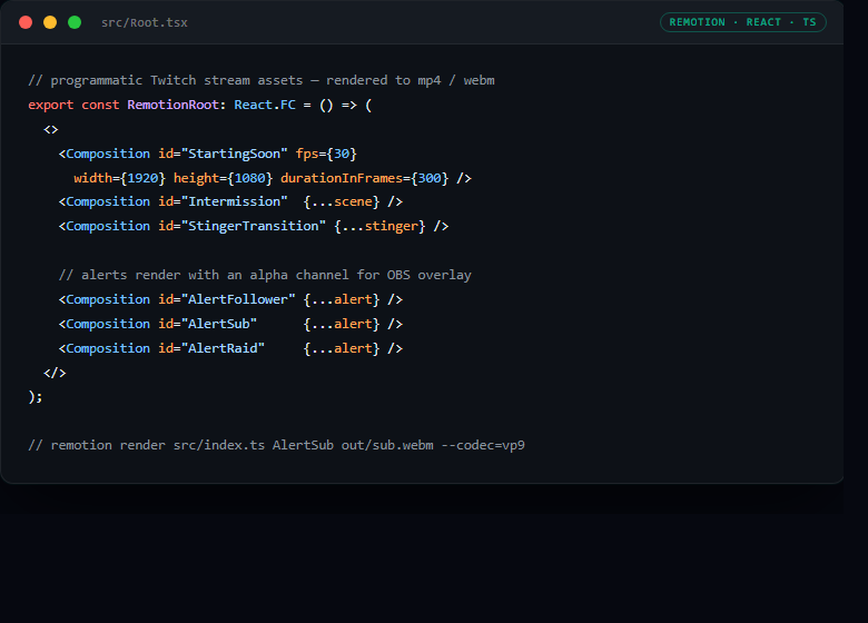 Remotion code: RemotionRoot registering StartingSoon, Intermission, stinger, and alpha-channel alert compositions for a Twitch stream